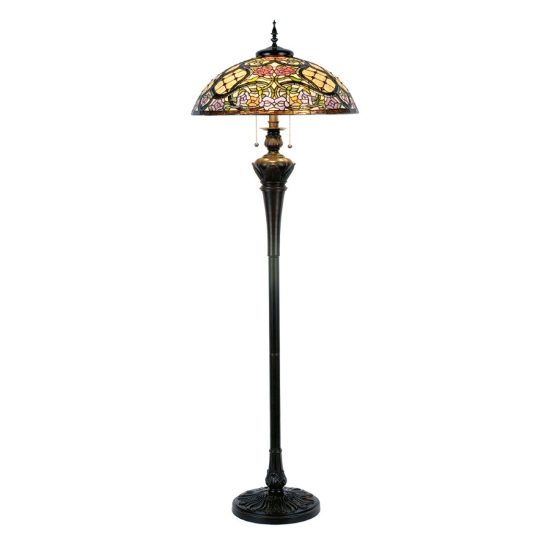 Clayre & Eef 5LL-5437 Tiffany Vloerlamp Ø 55x150 Cm Beige Roze Kunststof Bloemen Halfrond Staande Lamp