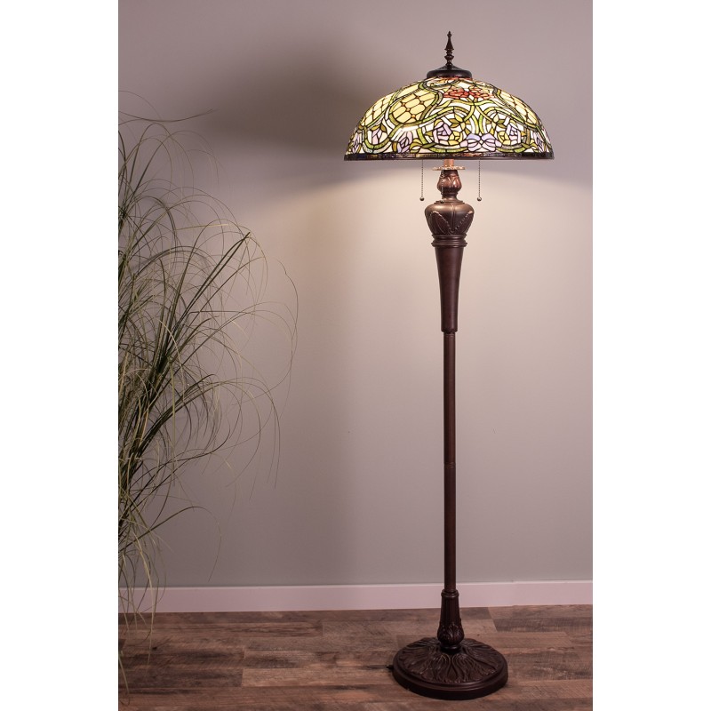 Clayre & Eef 5LL-5437 Tiffany Vloerlamp Ø 55x150 Cm Beige Roze Kunststof Bloemen Halfrond Staande Lamp