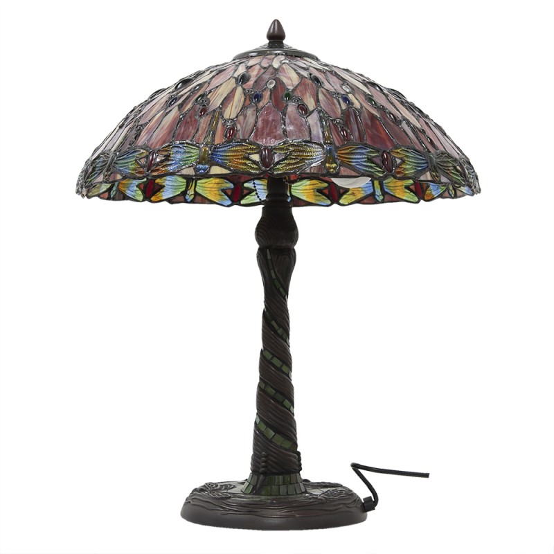Clayre & Eef 5LL-5466 Tiffany Tafellamp Ø 45x56 Cm Rood Beige Glas Libelle Driehoek Tiffany Bureaulamp