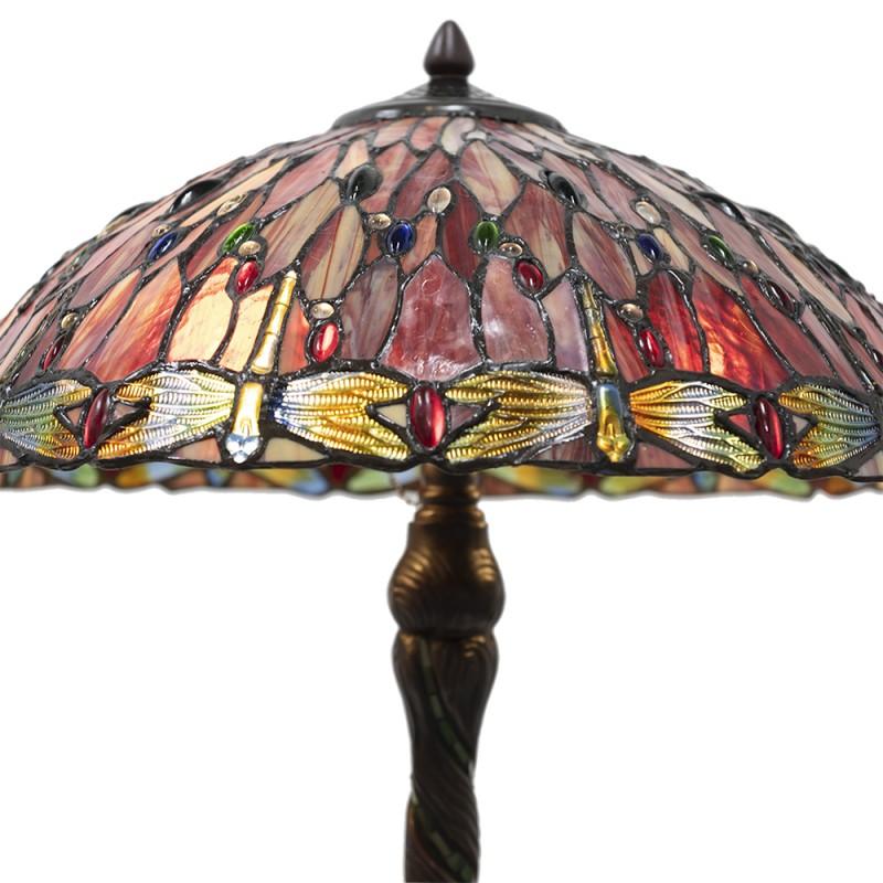 Clayre & Eef 5LL-5466 Tiffany Tafellamp Ø 45x56 Cm Rood Beige Glas Libelle Driehoek Tiffany Bureaulamp