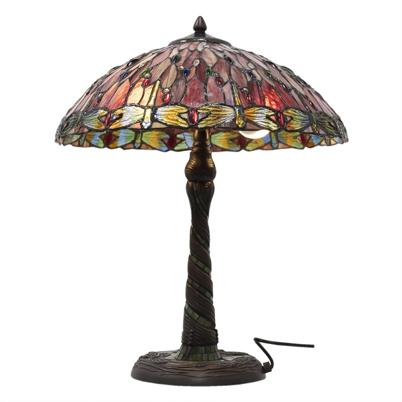 clayre & eef 5LL-5466 Tiffany Tafellamp Ø 45x56 cm Rood Beige Glas Libelle Driehoek Tiffany Bureaulamp