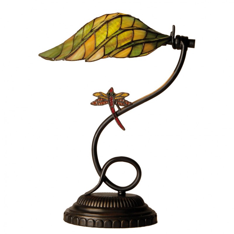 clayre & eef 5LL-5507 Tiffany Tafellamp Ø 34x45 cm Groen Bruin Glas Libelle Tiffany Bureaulamp