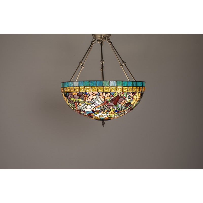 Clayre & Eef 5LL-5517 Hanglamp Tiffany Ø 70x75 Cm Blauw Beige Metaal Libelle Halfrond Hanglamp Eettafel