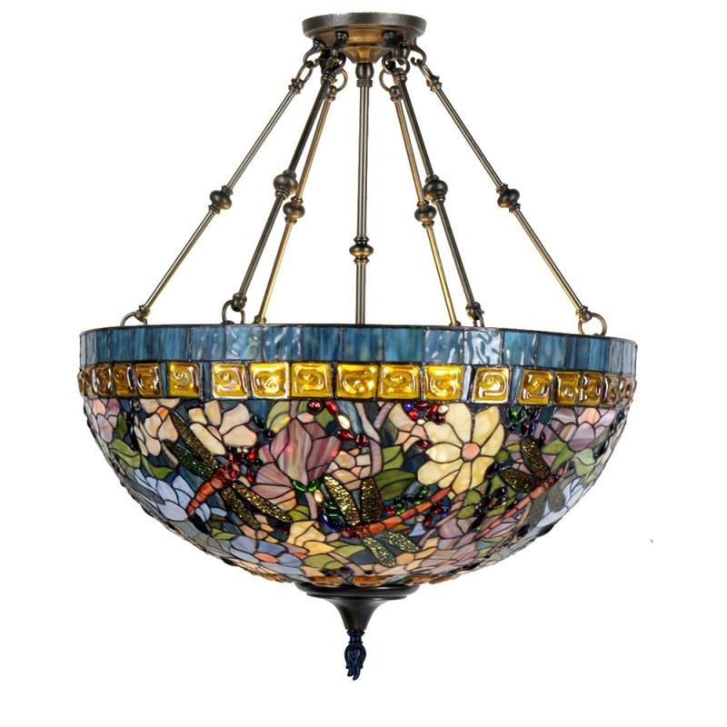 clayre & eef 5LL-5517 Hanglamp Tiffany Ø 70x75 cm Blauw Beige Metaal Libelle Halfrond Hanglamp Eettafel
