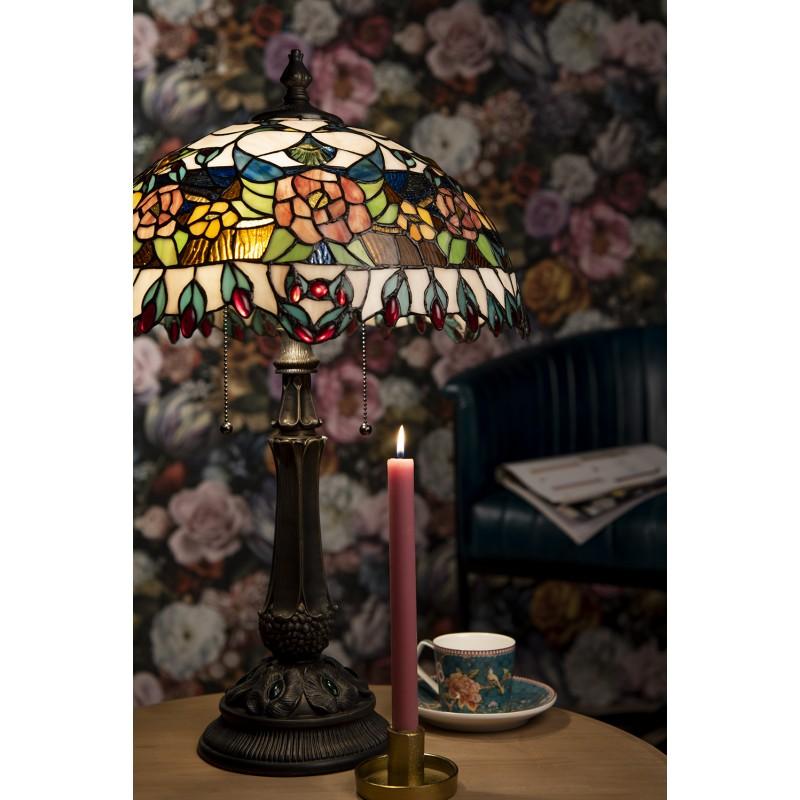 Clayre & Eef 5LL-5530 Tiffany Tafellamp Ø 41x67 Cm Rood Groen Glas Roos Halfrond Tiffany Bureaulamp