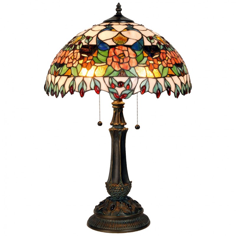 clayre & eef 5LL-5530 Tiffany Tafellamp Ø 41x67 cm Rood Groen Glas Roos Halfrond Tiffany Bureaulamp