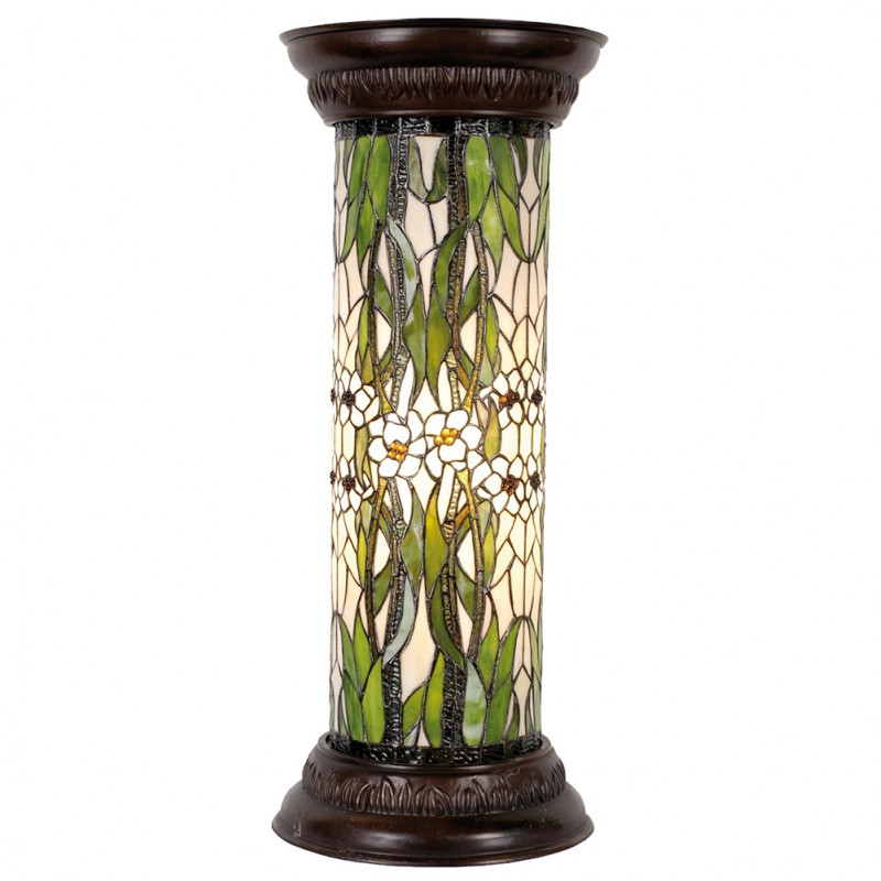 Clayre & Eef 5LL-5539 Zuil Tiffany Ø 31x78 Cm Groen Wit Glas Bloemen Rond Bureaulamp Tiffany