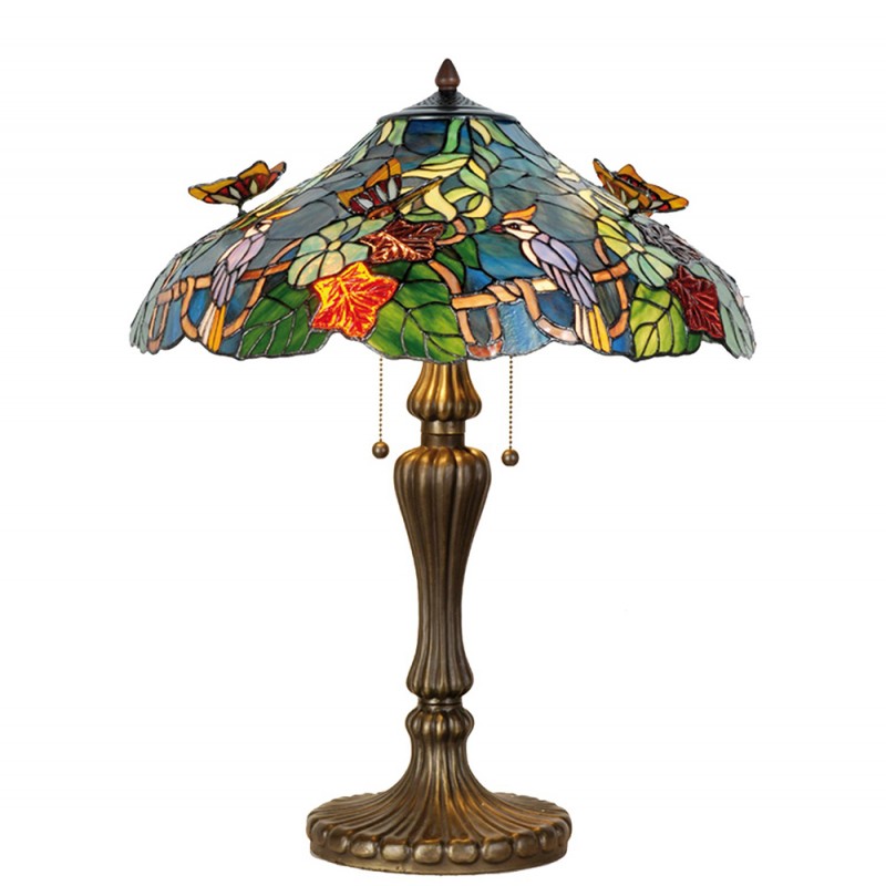 clayre & eef 5LL-5582 Tiffany Tafellamp Ø 52x65 cm Blauw Groen Glas Vlinder Driehoek Tiffany Bureaulamp