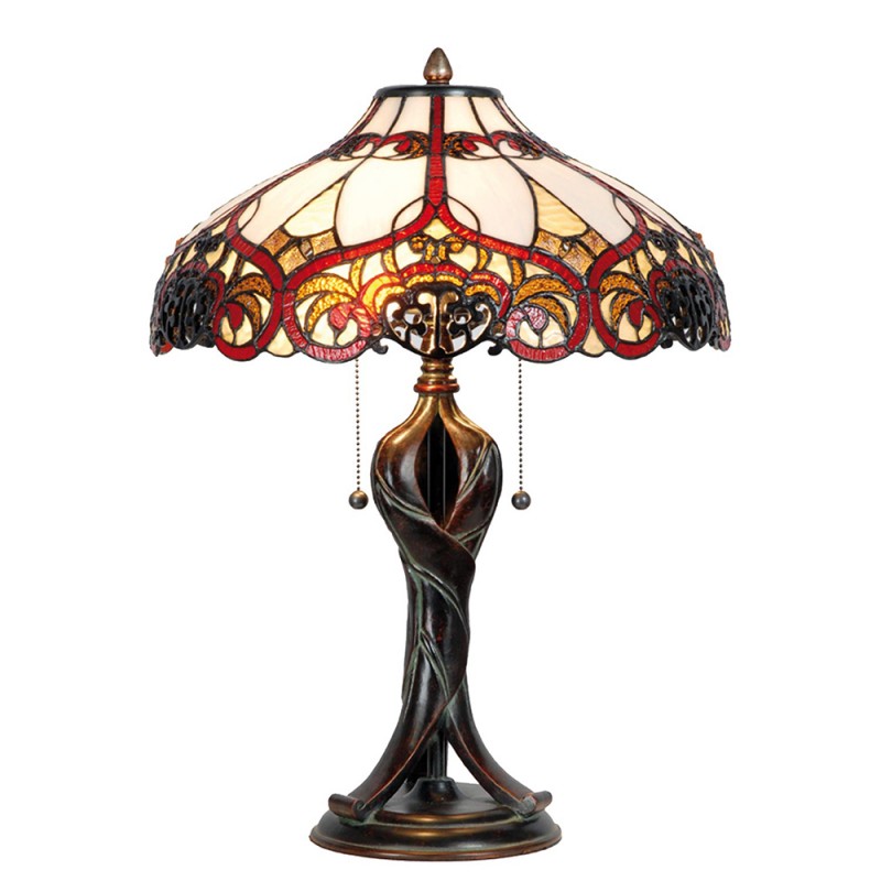 clayre & eef 5LL-5583 Tiffany Tafellamp Ø 41x56 cm Beige Rood Glas Driehoek Tiffany Bureaulamp