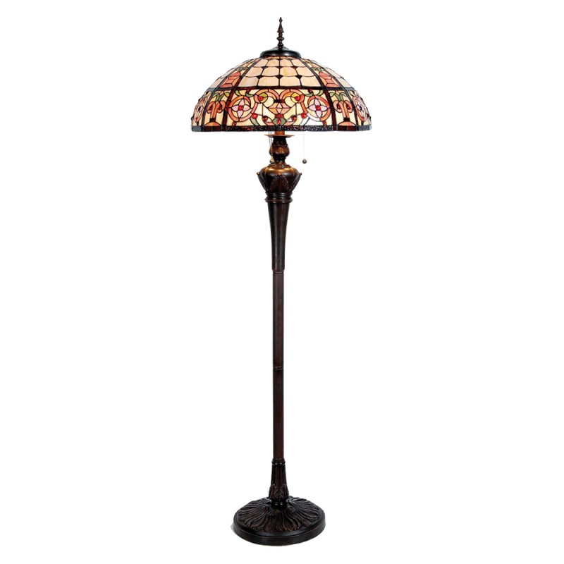 Clayre & Eef 5LL-5598 Tiffany Vloerlamp Ø 57x166 Cm Beige Rood Glas Roos Halfrond Staande Lamp