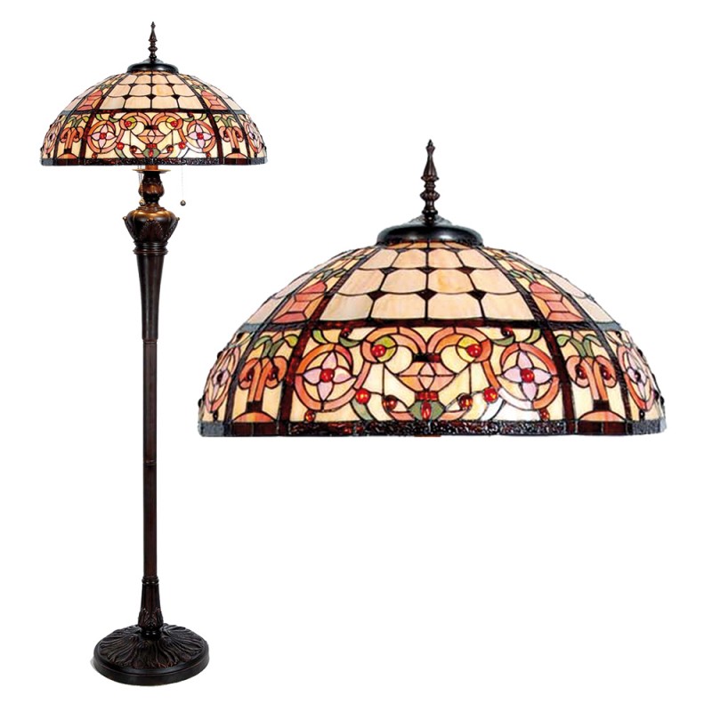 Clayre & Eef 5LL-5598 Tiffany Vloerlamp Ø 57x166 Cm Beige Rood Glas Roos Halfrond Staande Lamp
