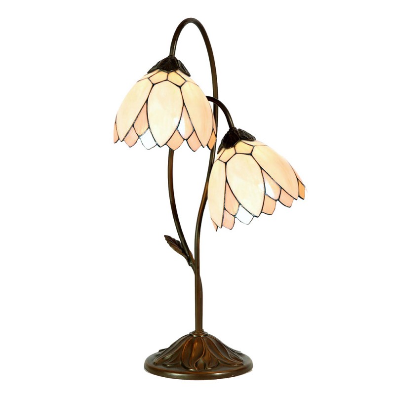 clayre & eef 5LL-5602 Tiffany Tafellamp Ø 33x61 cm Beige Bruin Glas Bloemen Tiffany Bureaulamp