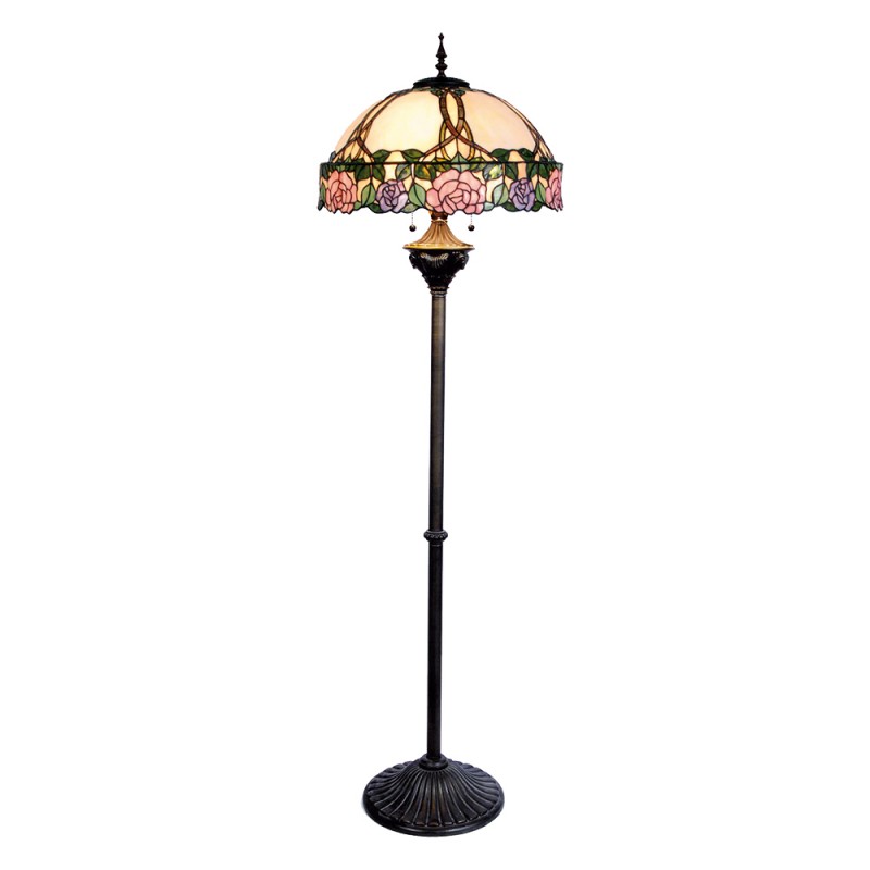 Clayre & Eef 5LL-5612 Tiffany Vloerlamp Ø 50x164 Cm Roze Groen Glas Roos Halfrond Staande Lamp