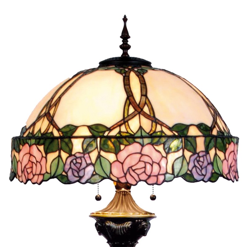Clayre & Eef 5LL-5612 Tiffany Vloerlamp Ø 50x164 Cm Roze Groen Glas Roos Halfrond Staande Lamp