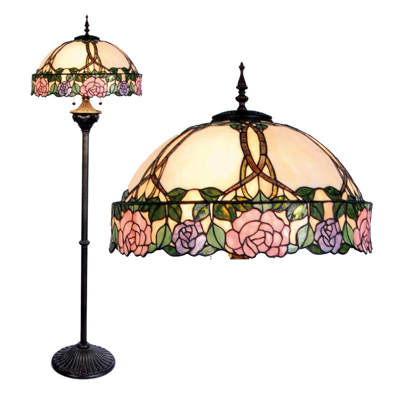 clayre & eef 5LL-5612 Tiffany Vloerlamp Ø 50x164 cm Roze Groen Glas Roos Halfrond Staande Lamp