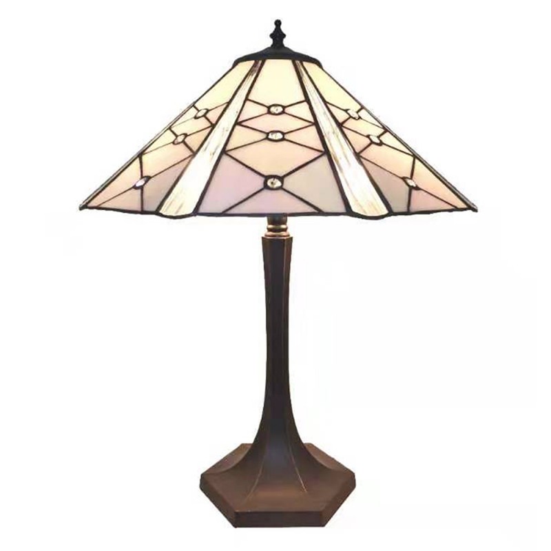 clayre & eef 5LL-5615 Tiffany Tafellamp Ø 42x54 cm Roze Wit Glas Tiffany Bureaulamp