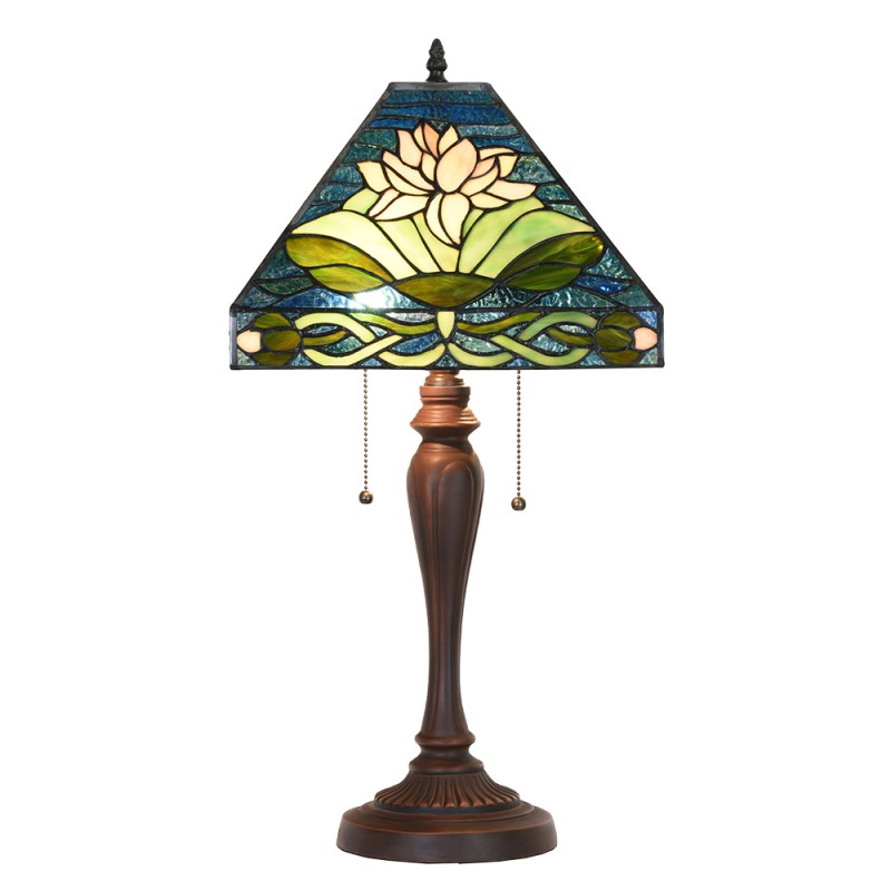 Clayre & Eef 5LL-5618 Tiffany Tafellamp 31x31x61 Cm Groen Blauw Glas Bloemen Vierkant Tiffany Bureaulamp