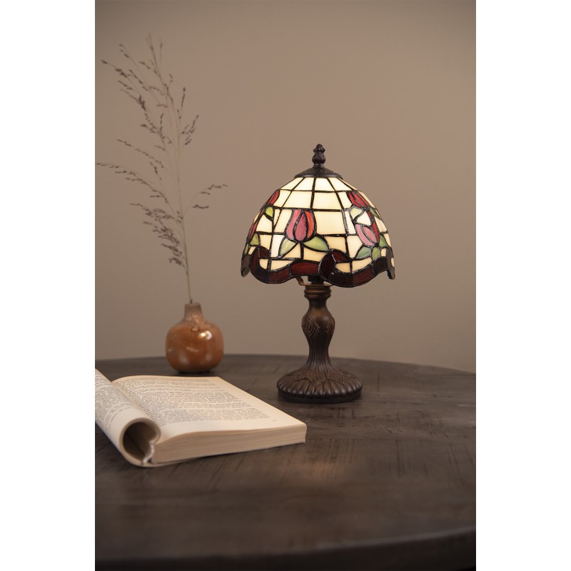 Clayre & Eef 5LL-5619 Tiffany Tafellamp Ø 18x30 Cm Beige Rood Glas Bloemen Tiffany Bureaulamp