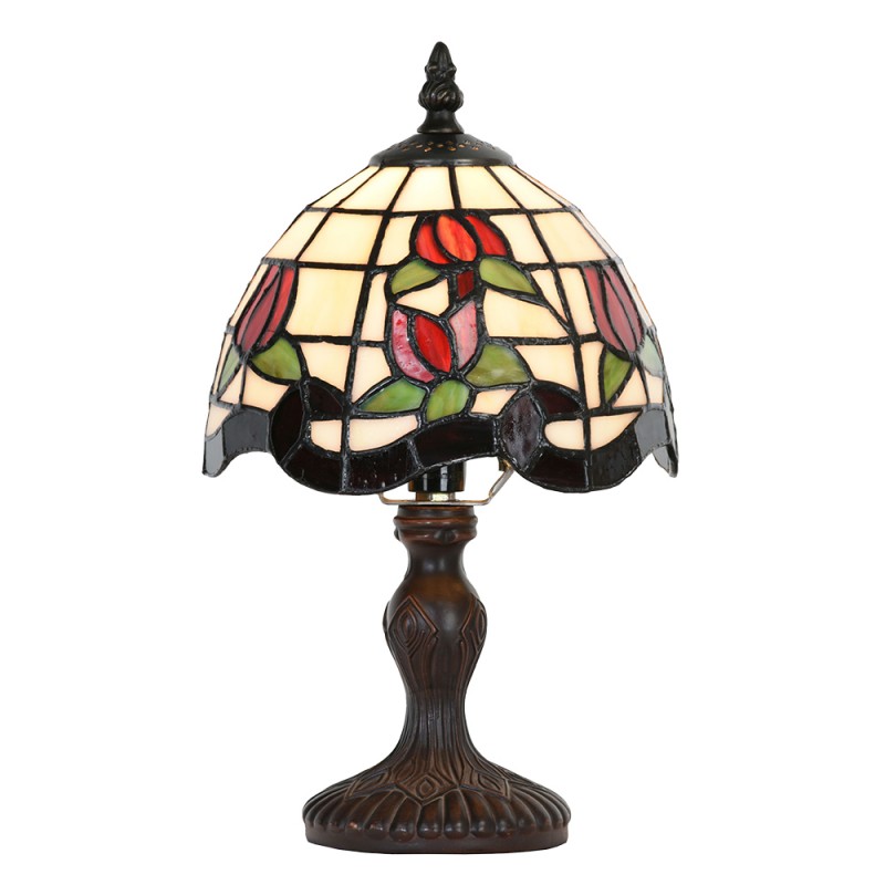 Clayre & Eef 5LL-5619 Tiffany Tafellamp Ø 18x30 Cm Beige Rood Glas Bloemen Tiffany Bureaulamp