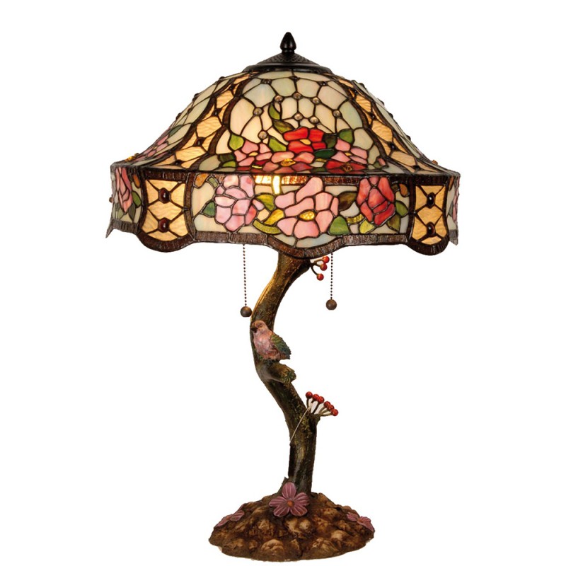 Clayre & Eef 5LL-5631 Tiffany Tafellamp Ø 45x62 Cm Groen Roze Glas Bloemen Tiffany Bureaulamp