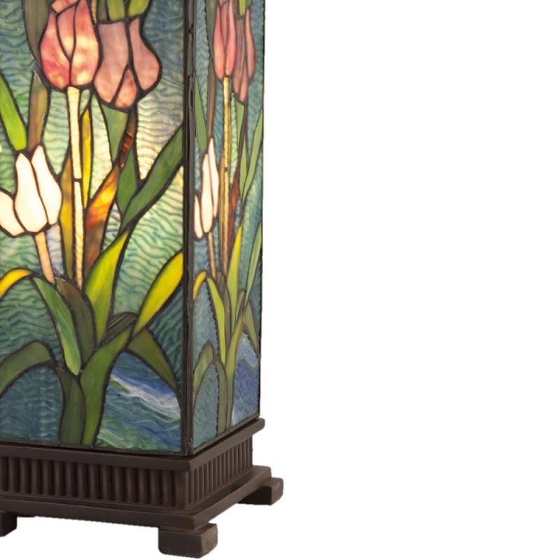Clayre & Eef 5LL-5749 Tiffany Tafellamp 17x17x58 Cm Groen Roze Glas Tulpen Vierkant Tiffany Bureaulamp