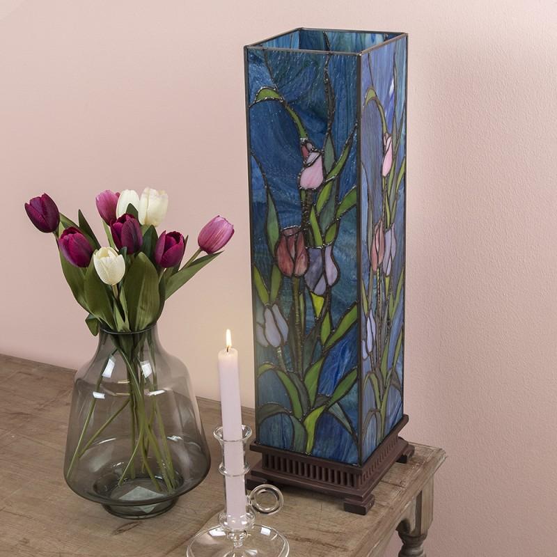 Clayre & Eef 5LL-5749 Tiffany Tafellamp 17x17x58 Cm Groen Roze Glas Tulpen Vierkant Tiffany Bureaulamp