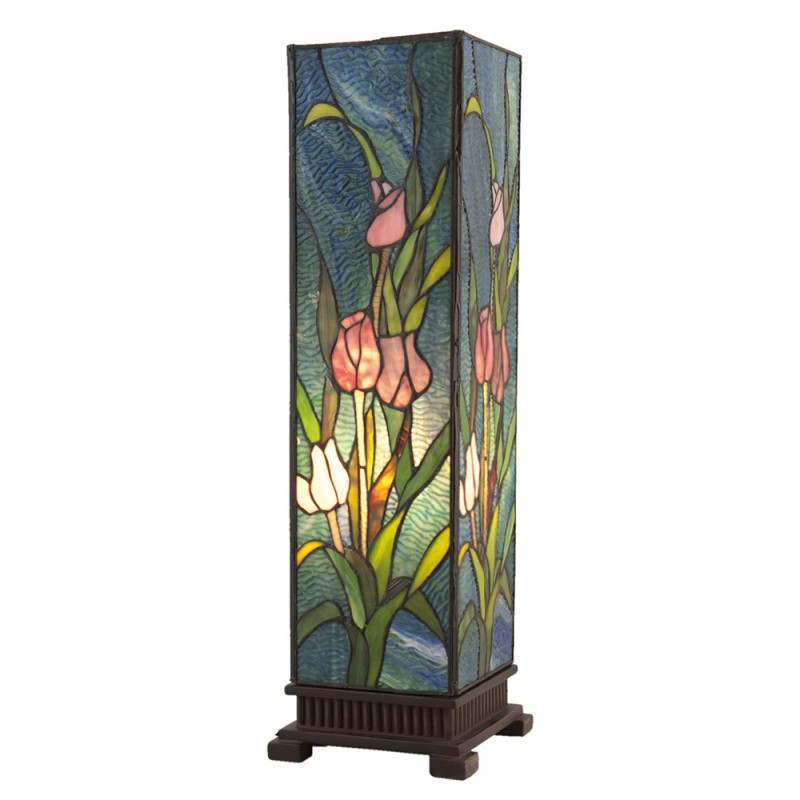 clayre & eef 5LL-5749 Tiffany Tafellamp 17x17x58 cm Groen Roze Glas Tulpen Vierkant Tiffany Bureaulamp