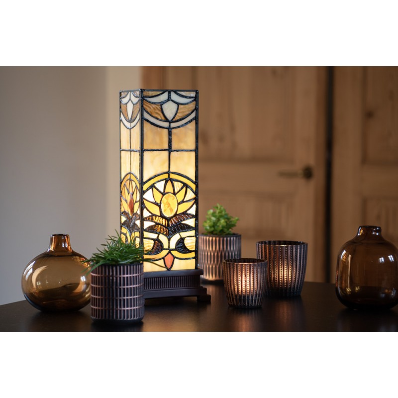 Clayre & Eef 5LL-5779 Tiffany Tafellamp 12x12x35 Cm Beige Bruin Glas Vierkant Tiffany Bureaulamp