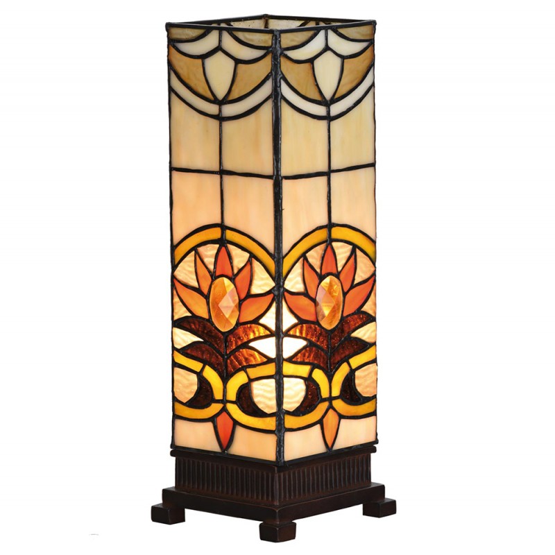 clayre & eef 5LL-5779 Tiffany Tafellamp 12x12x35 cm Beige Bruin Glas Vierkant Tiffany Bureaulamp