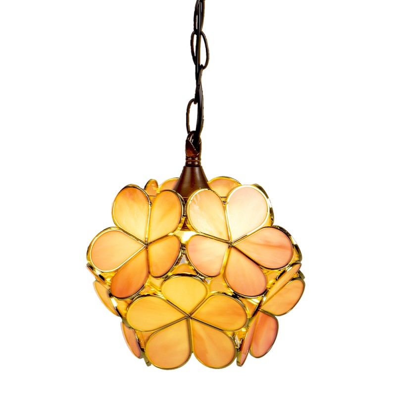 Clayre & Eef 5LL-6093 Hanglamp Tiffany 21x21x17/90 Cm Roze Geel Glas Bloemen Hanglamp Eettafel