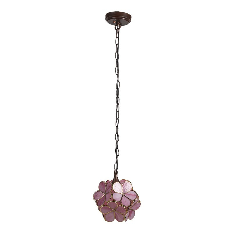 clayre & eef 5LL-6093 Hanglamp Tiffany 21x21x17/90 cm Roze Geel Glas Bloemen Hanglamp Eettafel