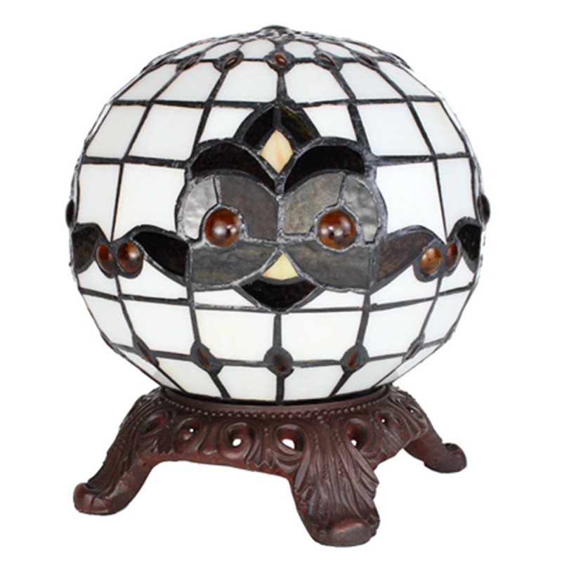 Clayre & Eef 5LL-6269 Tiffany Tafellamp Ø 20x25 Cm Wit Zwart Glas Rond Tiffany Bureaulamp