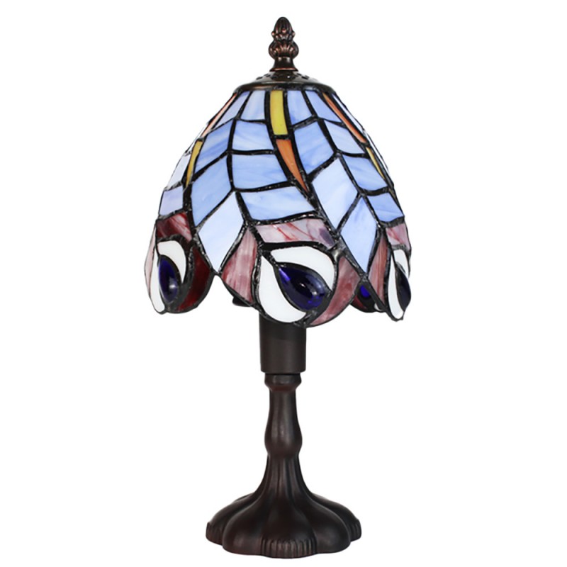 Clayre & Eef 5LL-6272 Tiffany Tafellamp Ø 15x32 Cm Blauw Glas Pauwenveren Tiffany Bureaulamp