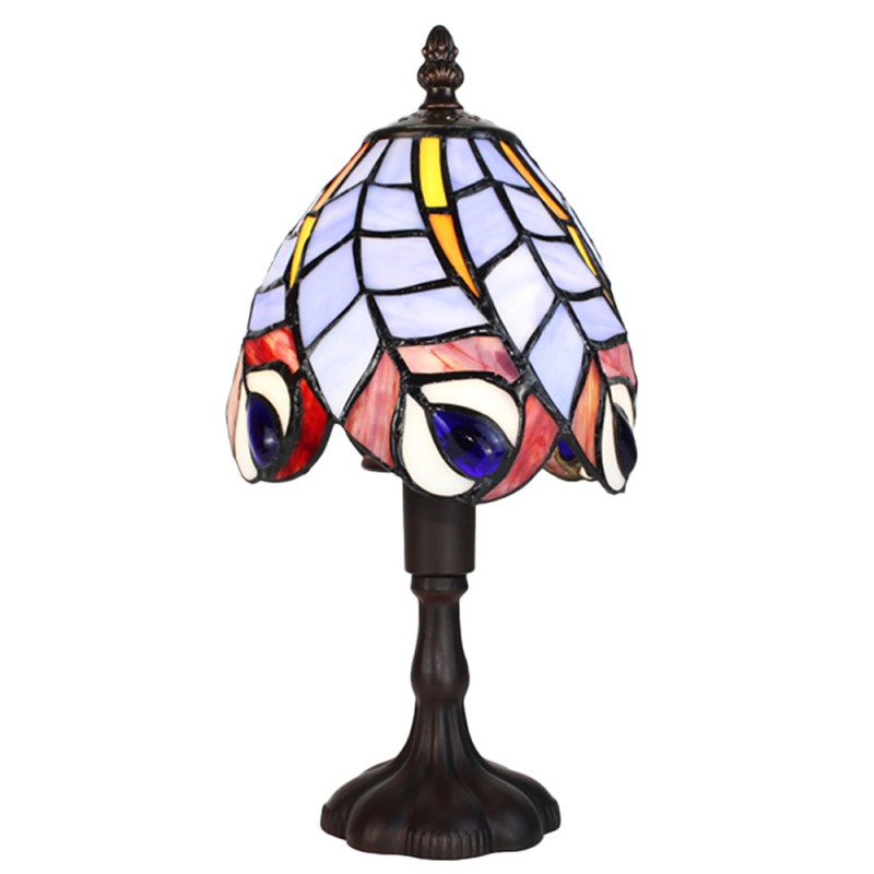 clayre & eef 5LL-6272 Tiffany Tafellamp Ø 15x32 cm Blauw Glas Pauwenveren Tiffany Bureaulamp