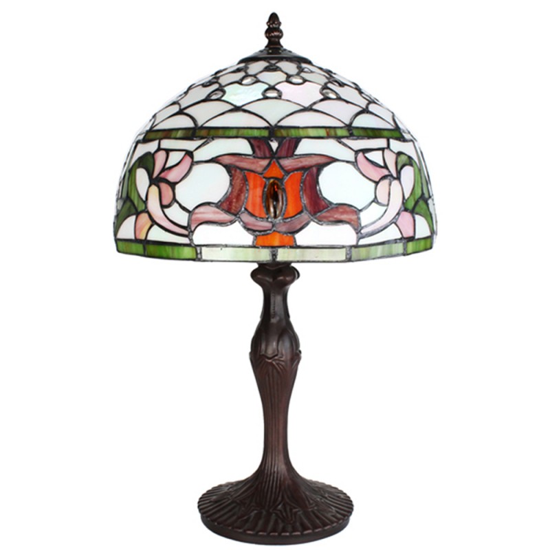 Clayre & Eef 5LL-6276 Tiffany Tafellamp Ø 30x49 Cm Wit Groen Glas Rond Tiffany Bureaulamp