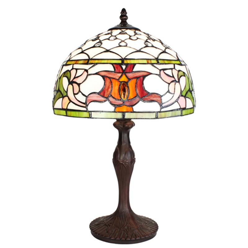 clayre & eef 5LL-6276 Tiffany Tafellamp Ø 30x49 cm Wit Groen Glas Rond Tiffany Bureaulamp