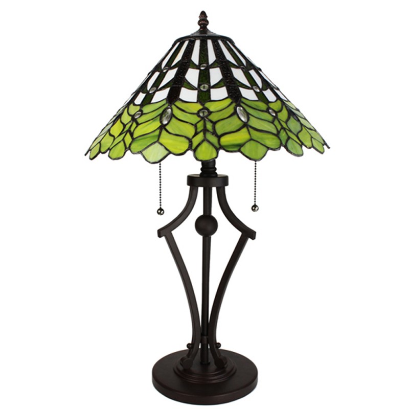 Clayre & Eef 5LL-6279 Tiffany Tafellamp Ø 41x62 Cm Groen Wit Glas Rond Tiffany Bureaulamp