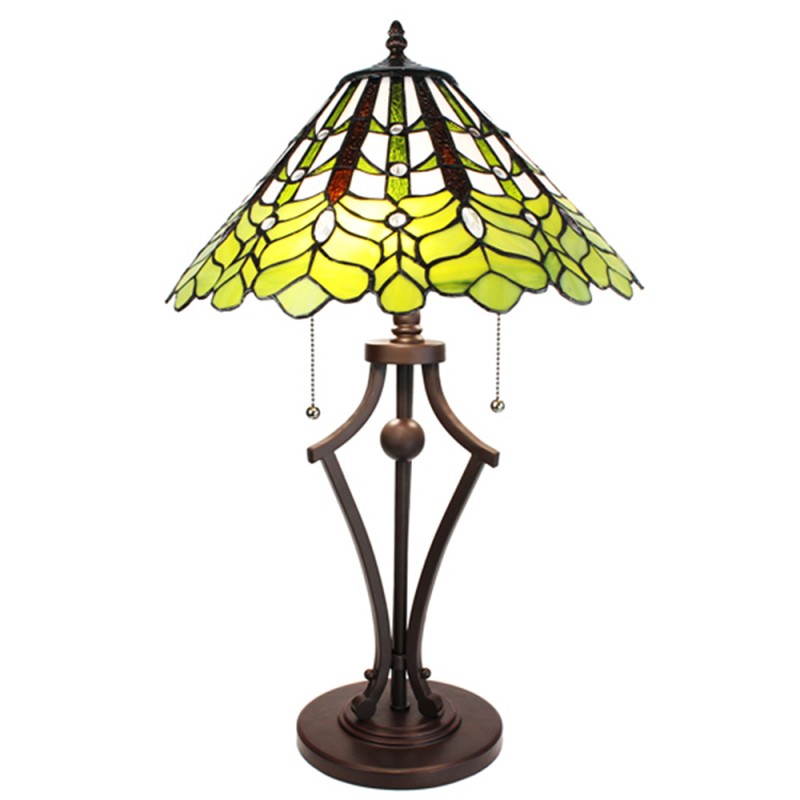 clayre & eef 5LL-6279 Tiffany Tafellamp Ø 41x62 cm Groen Wit Glas Rond Tiffany Bureaulamp