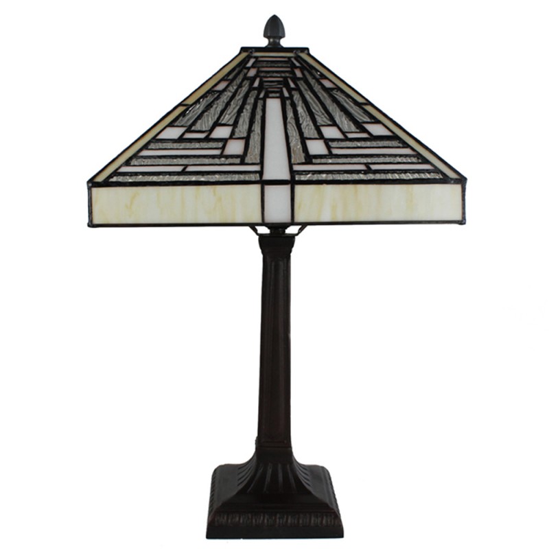 Clayre & Eef 5LL-6286 Tiffany Tafellamp 31x31x48 Cm Wit Grijs Glas Vierkant Tiffany Bureaulamp
