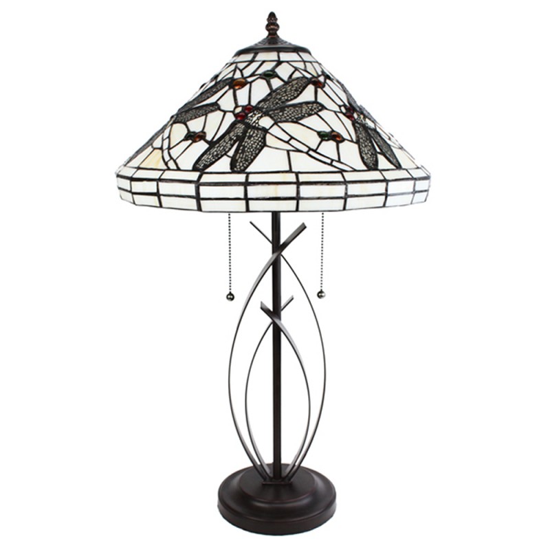 Clayre & Eef 5LL-6287 Tiffany Tafellamp Ø 41x69 Cm Beige Zwart Glas Libelle Rond Tiffany Bureaulamp