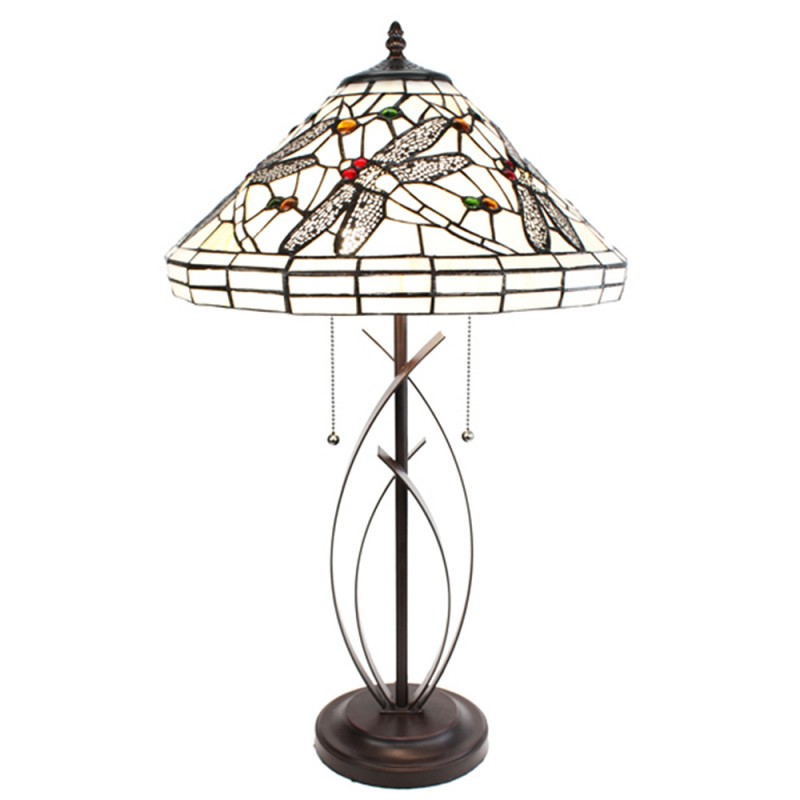 clayre & eef 5LL-6287 Tiffany Tafellamp Ø 41x69 cm Beige Zwart Glas Libelle Rond Tiffany Bureaulamp