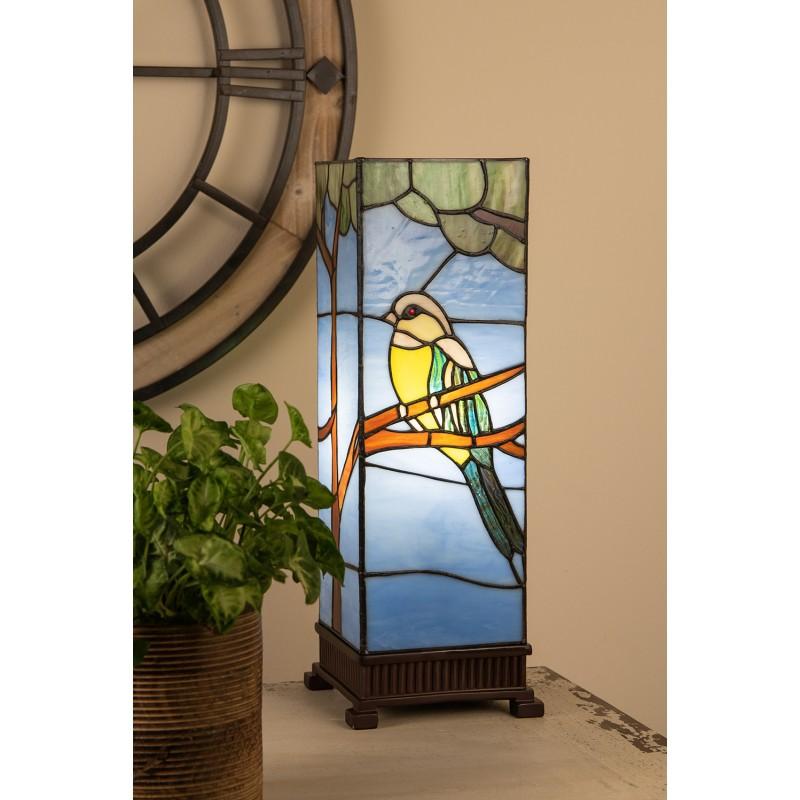 Clayre & Eef 5LL-6294 Tiffany Tafellamp 18x18x48 Cm Blauw Glas Vogel Tiffany Bureaulamp