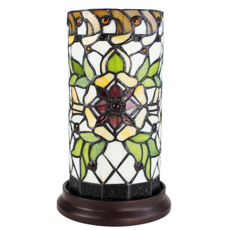 Clayre & Eef 5LL-6298 Tiffany Tafellamp Ø 15x26 Cm Groen Beige Glas Bloem Rond Tiffany Bureaulamp