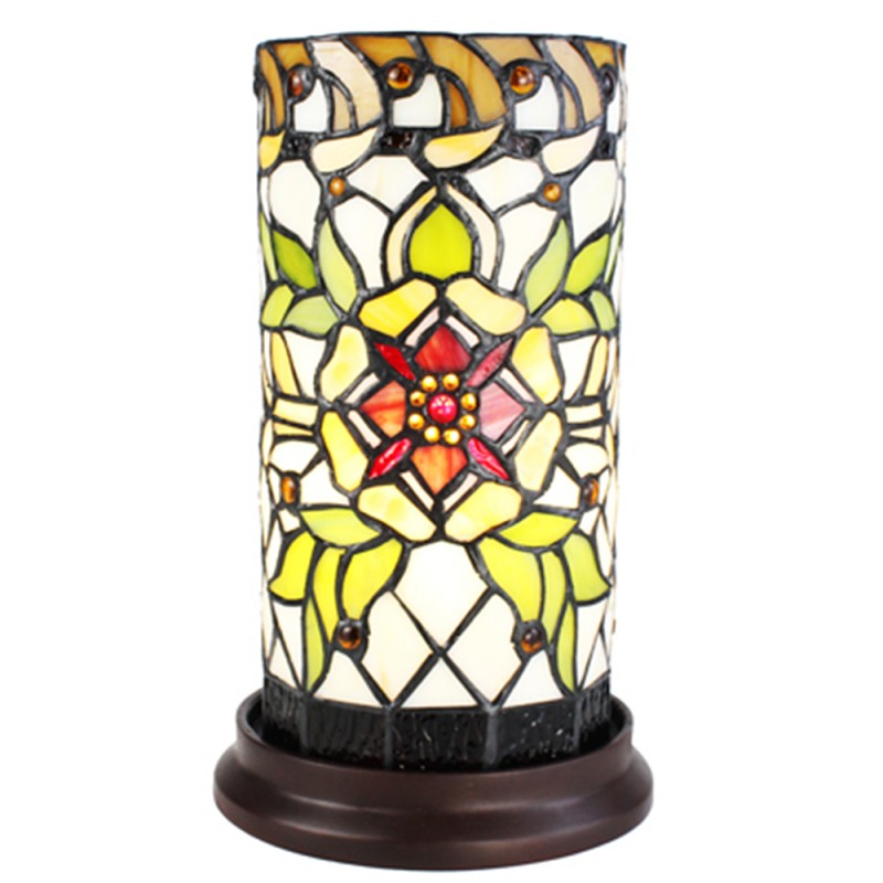clayre & eef 5LL-6298 Tiffany Tafellamp Ø 15x26 cm Groen Beige Glas Bloem Rond Tiffany Bureaulamp