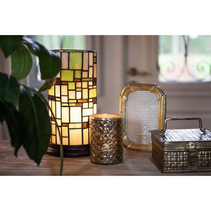 Clayre & Eef 5LL-6300 Tiffany Tafellamp Ø 15x26 Cm Beige Groen Glas Rond Tiffany Bureaulamp