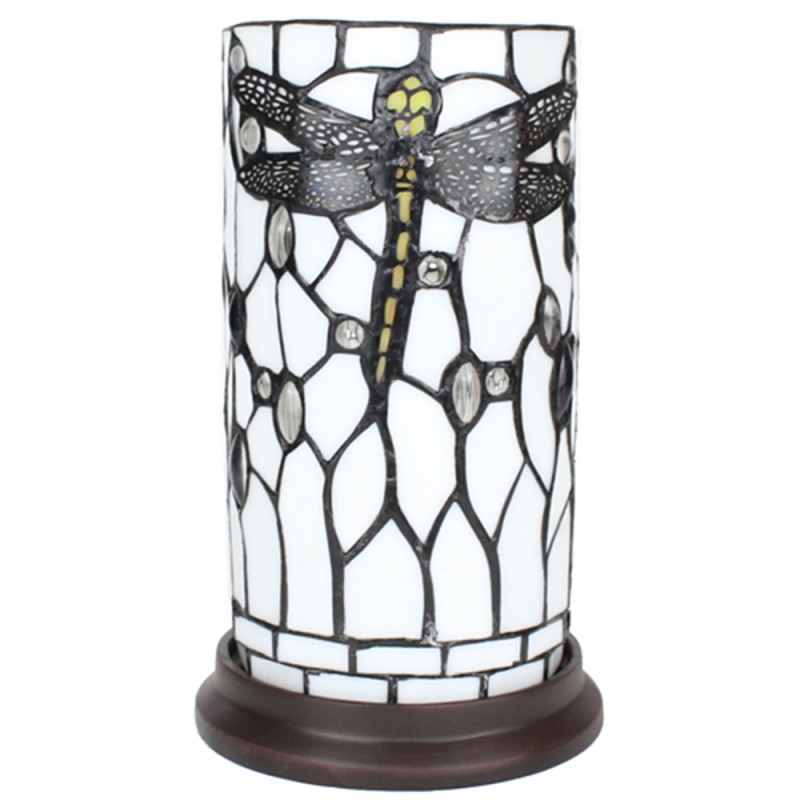 Clayre & Eef 5LL-6302 Tiffany Tafellamp Ø 15x26 Cm Wit Grijs Glas Libelle Rond Tiffany Bureaulamp
