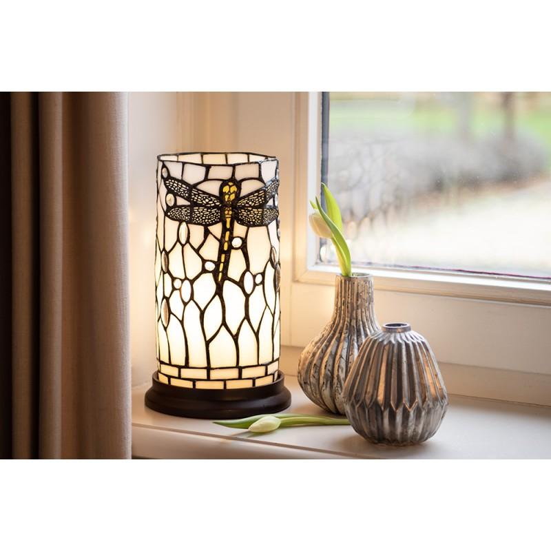 Clayre & Eef 5LL-6302 Tiffany Tafellamp Ø 15x26 Cm Wit Grijs Glas Libelle Rond Tiffany Bureaulamp
