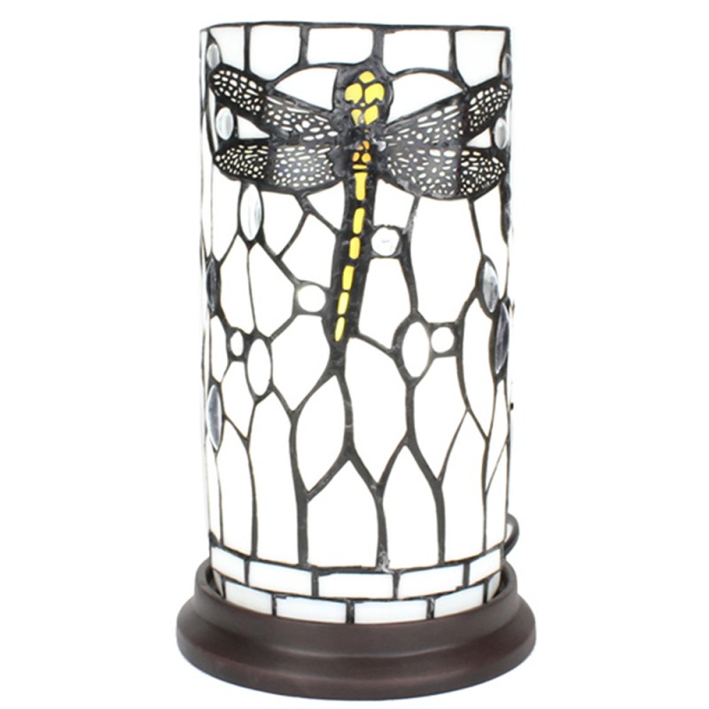 Clayre & Eef 5LL-6302 Tiffany Tafellamp Ø 15x26 Cm Wit Grijs Glas Libelle Rond Tiffany Bureaulamp