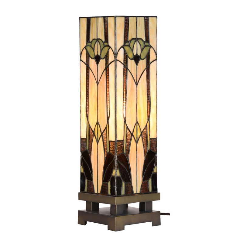 Clayre & Eef 5LL-6323 Tiffany Tafellamp 15x15x54 Cm Beige Bruin Glas Tiffany Bureaulamp