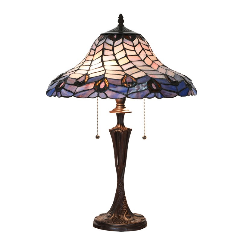 Clayre & Eef 5LL-6338 Tiffany Tafellamp Ø 40x60 Cm Blauw Paars Glas Tiffany Bureaulamp